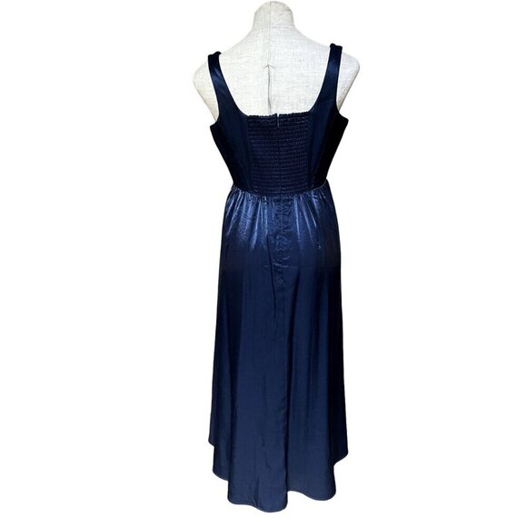 WAYF Corset Midi Dress Fit + Flare Midnight Blue Satin Retro 80s Prom Style Glam - Picture 7 of 12